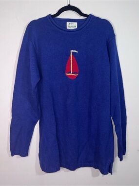 The Quacker Factory Sailboat Sweater Blue Nautical Roll Neck Tunic Women’s L